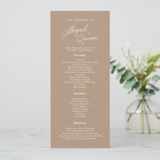 Boho-Sand-Schrift-Minimalist-Hochzeitsprogrammkart Einladung (Stehend Vorderseite)