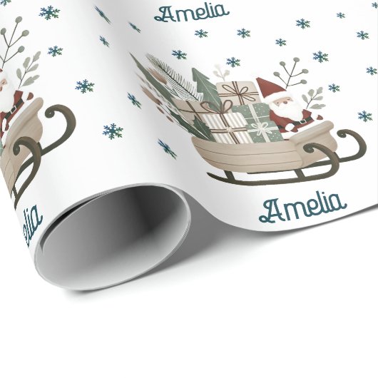 Boho Santa on Sleigh mit Geschenken Schneeflocken Geschenkpapier (Rolleneckpunkt)