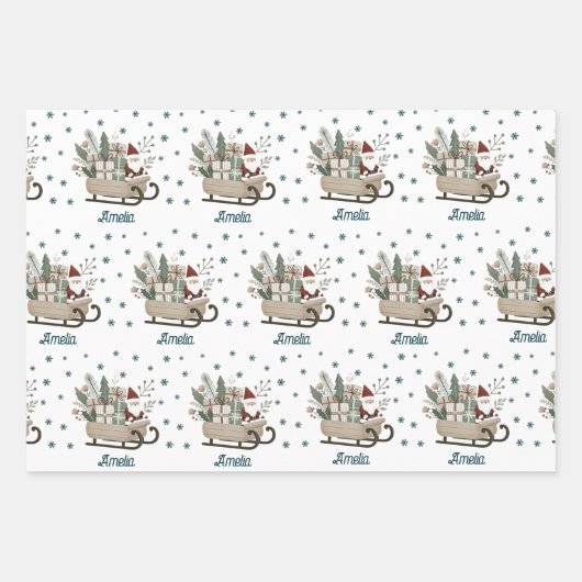 Boho Santa on Sleigh mit Geschenken Schneeflocken Geschenkpapier Set (Vorderseite)
