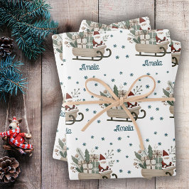 Boho Santa on Sleigh mit Geschenken Schneeflocken Geschenkpapier Set