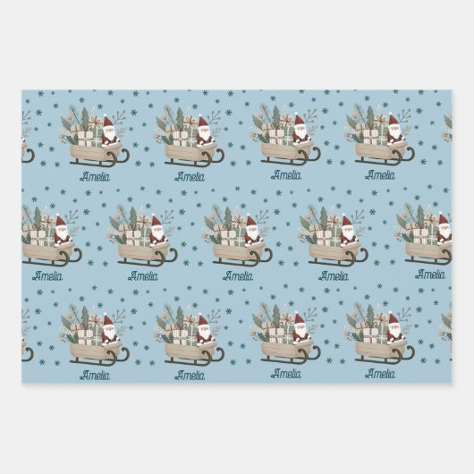 Boho Santa on Sleigh mit Geschenken Schneeflocken Geschenkpapier Set (Vorderseite 2)