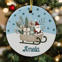 Boho Santa on Sleigh mit Geschenken Schneeflocken  Keramik Ornament