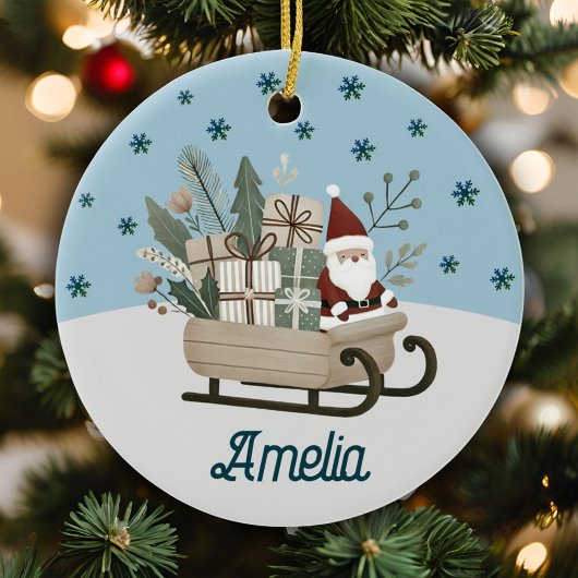 Boho Santa on Sleigh mit Geschenken Schneeflocken Keramik Ornament
