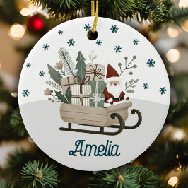 Boho Santa on Sleigh mit Geschenken Schneeflocken  Keramik Ornament