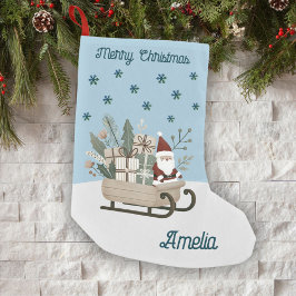 Boho Santa on Sleigh mit Geschenken Schneeflocken  Kleiner Weihnachtsstrumpf