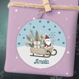 Boho Santa on Sleigh mit Geschenken Schneeflocken Runder Aufkleber
