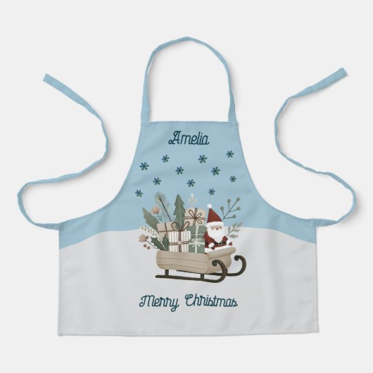 Boho Santa on Sleigh mit Geschenken Schneeflocken Schürze (Vorderseite)