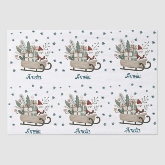 Boho Santa on Sleigh mit Geschenken Schneeflocken Seidenpapier (Vorderseite)