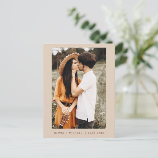 Boho Save the Date Foto Minimal Script Postkarte (Stehend Vorderseite)