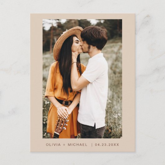 Boho Save the Date Foto Minimal Script Postkarte (Vorderseite)