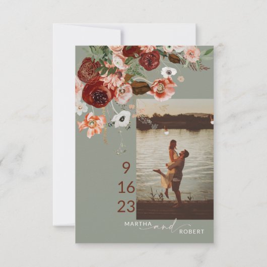 Boho Save the Date Karte mit Foto Terracota Sage (Rückseite)