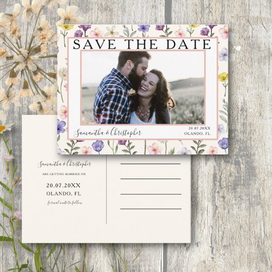 Boho Save the Date Wildblume & Foto Postkarte