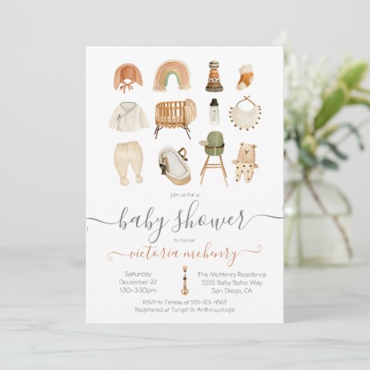 Boho Scandi Baby Shower Einladung (Stehend Vorderseite)