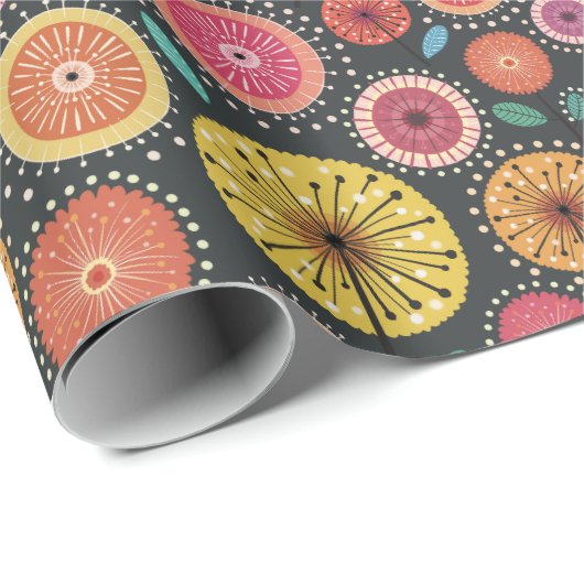Boho Scandi Folk Blume Muster Wrapping Paper Geschenkpapier (Rolleneckpunkt)