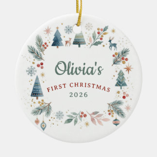 Boho Scandi Wald Baby 1. Weihnachten Keramik Ornament