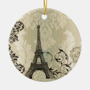 Boho schicker beige Damast-Paris-Eiffelturm Keramikornament