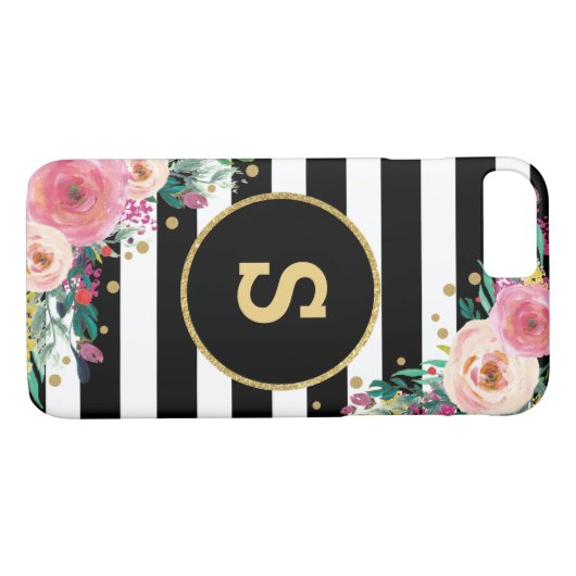 Boho schicker Blumenmonogramm-Schwarz-GoldiPhone 7 Case-Mate iPhone Hülle (Rückseite (Horizontal))