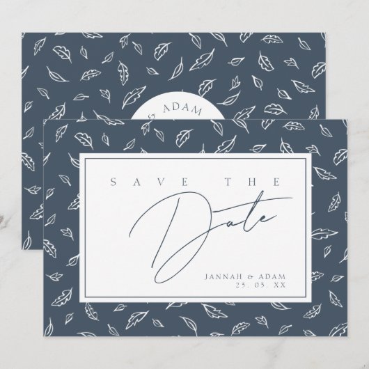 Boho Schieferblaues Blatt Monogramm Save The Date (Vorne/Hinten)