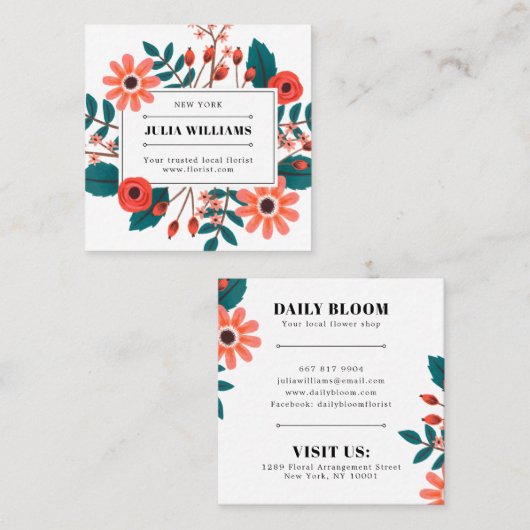 Boho schlichte Schwarz-Rahmen Blumenstrauß Blume Quadratische Visitenkarte (Vorne/Hinten)