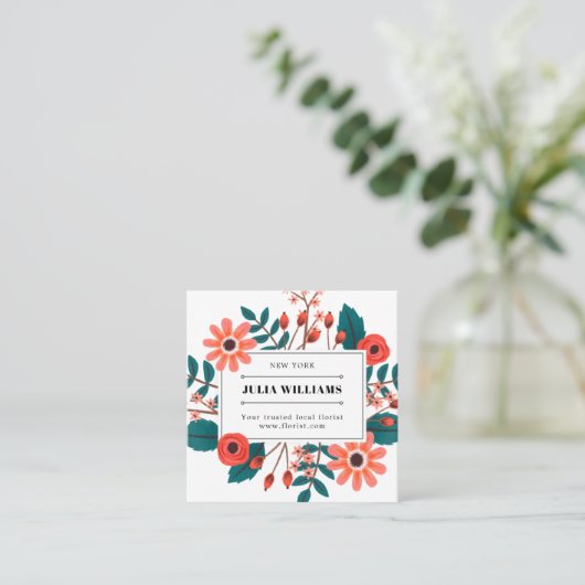 Boho schlichte Schwarz-Rahmen Blumenstrauß Blume Quadratische Visitenkarte (Stehend Vorderseite)