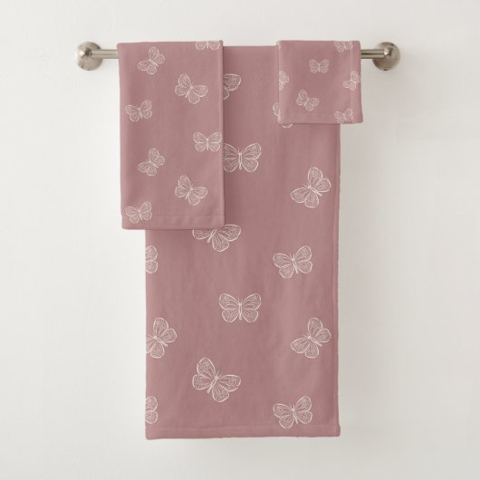 Boho-Schmetterling-Muster Neutral Modern Pink Mauv Badhandtuch Set (Insitu)