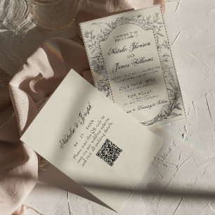 Boho Schwarz Creme Floral Botanisch QR Code Hochze Einladung
