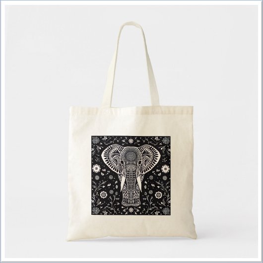 Boho Schwarz-Weiß-Batik-Elefant Tragetasche
