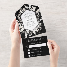 Boho Schwarz-weiß Beige Botanical Wedding RSVP