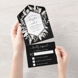 Boho Schwarz-weiß Beige Botanical Wedding RSVP All In One Einladung