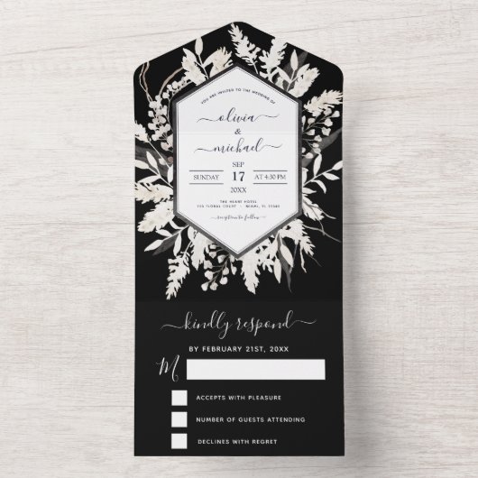 Boho Schwarz-weiß Beige Botanische Hochzeit All In One Einladung (Innen Boden)