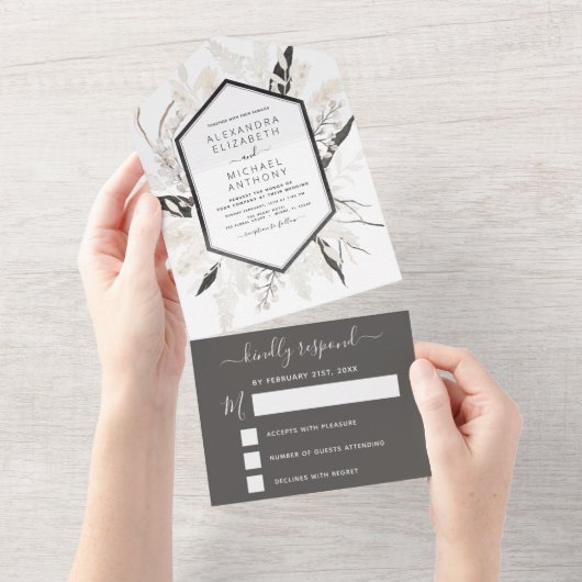 Boho Schwarz-weiß Beige Botanische Hochzeit All In One Einladung (Abreißen)