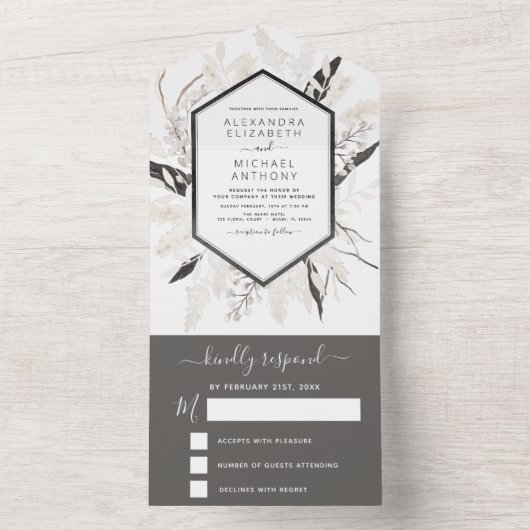 Boho Schwarz-weiß Beige Botanische Hochzeit All In One Einladung (Innen Boden)