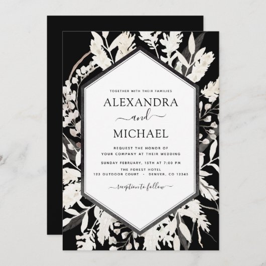 Boho Schwarz-weiß Beige Botanische Hochzeit Einladung (Vorne/Hinten)