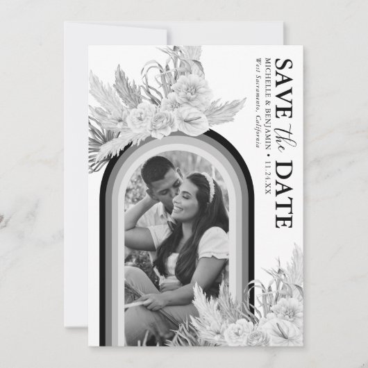 Boho Schwarz-weiß Floral Foto Save the Date (Vorderseite)