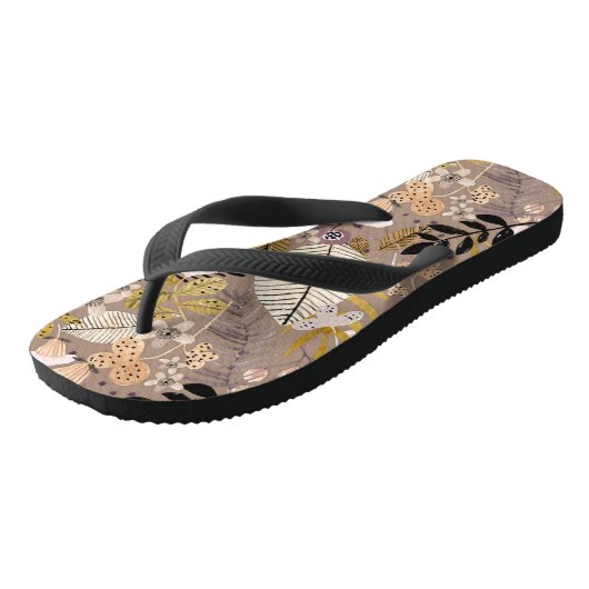 Boho Schwarz-weiß Gold Peach Line Gezeichnet Leaf  Badesandalen (Schrägansicht)