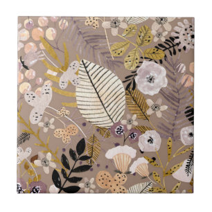 Boho Schwarz-weiß Gold Peach Line Gezeichnet Leaf  Fliese