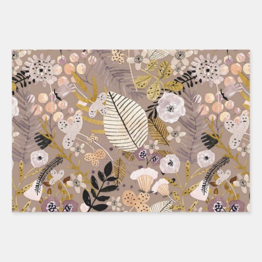 Boho Schwarz-weiß Gold Peach Line Gezeichnet Leaf  Geschenkpapier Set (Vorderseite 2)