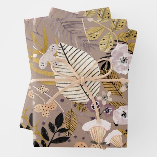 Boho Schwarz-weiß Gold Peach Line Gezeichnet Leaf  Geschenkpapier Set (Beispiel)