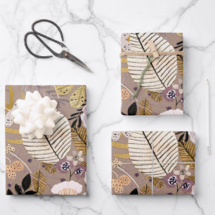 Boho Schwarz-weiß Gold Peach Line Gezeichnet Leaf  Geschenkpapier Set