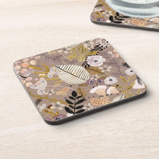 Boho Schwarz-weiß Gold Peach Line Gezeichnet Leaf Getränkeuntersetzer (Linke Seite)