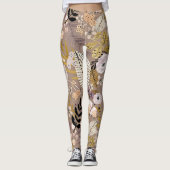Boho Schwarz-weiß Gold Peach Line Gezeichnet Leaf  Leggings (Vorderseite)