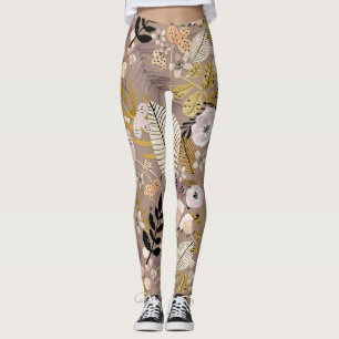 Boho Schwarz-weiß Gold Peach Line Gezeichnet Leaf Leggings