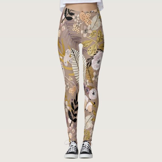 Boho Schwarz-weiß Gold Peach Line Gezeichnet Leaf  Leggings (Vorderseite)