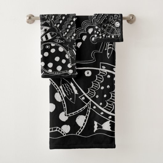 Boho Schwarz-Weiß-Whimsisches Fischmuster Badhandtuch Set (Insitu)