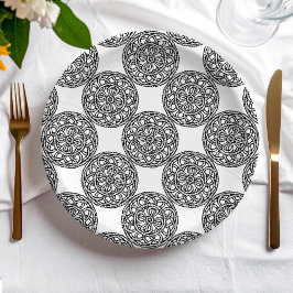 Boho schwarz-weiße Knoten und Seilmuster Pappteller