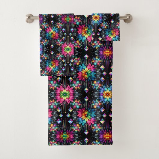Boho Schwarze Blumen Regenbogen Badhandtuch Set (Insitu)