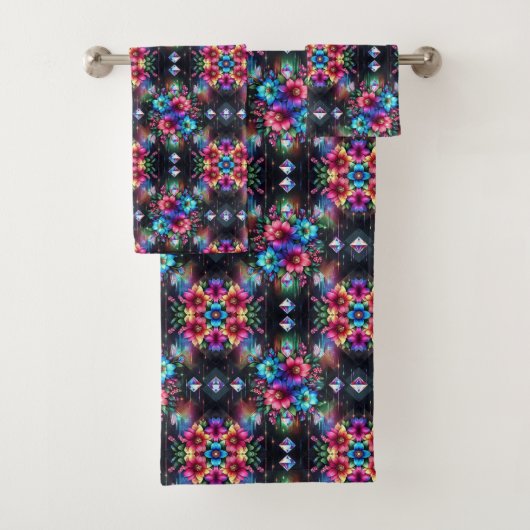 Boho Schwarze Blumen Regenbogen Badhandtuch Set (Insitu)