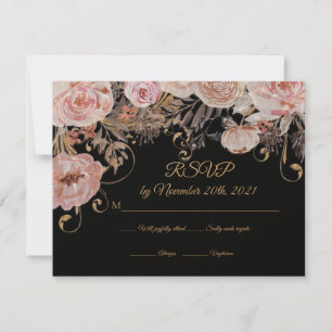 Boho Schwarze Florale Pink Rose Gold RSVP Benutzer Karte
