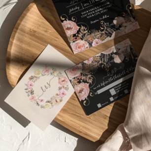 Boho Schwarze Florale Rosa Rose Gold RSVP Antwort