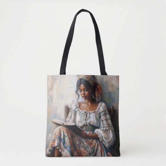 Boho Schwarze Frau beim Lesen Tasche (Vorderseite)